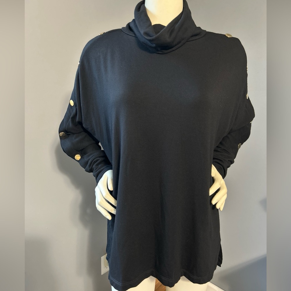 Capote Black Cowl Neck Sweater with Gold Button Accents and Pockets